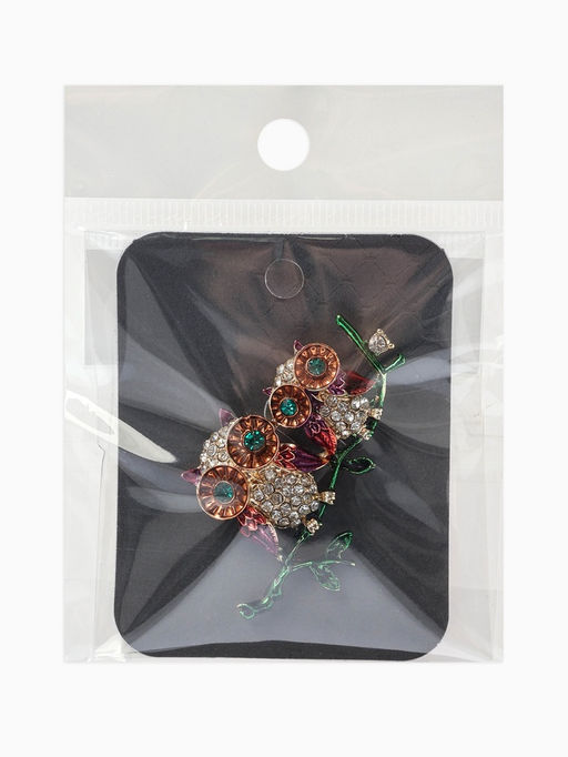 Брошь «Совы» на ветке, цветная в золоте