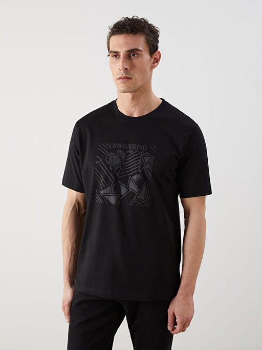 Bisiklet Yaka Bask?l? Penye Erkek Ti??rt