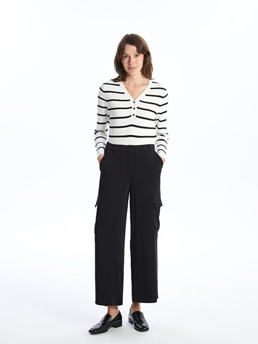 V Yaka ?izgili Uzun Kollu Kad?n Triko Kazak