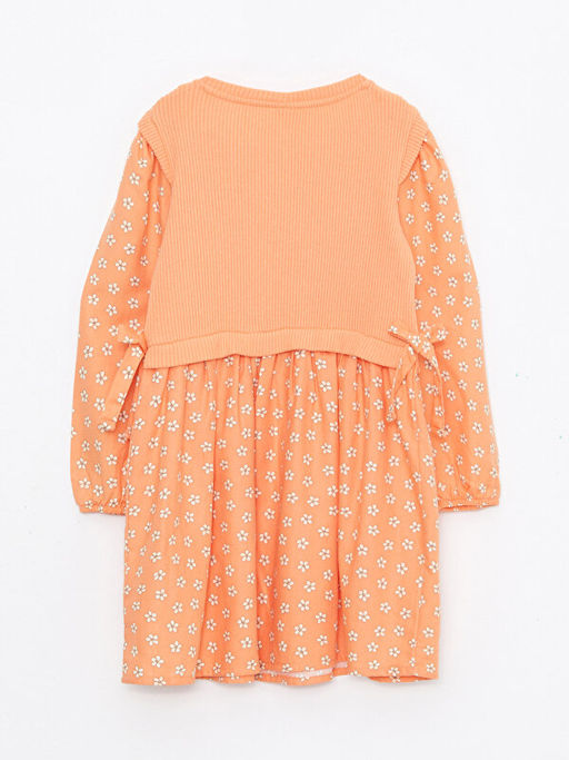 Bisiklet Yaka Bask?l? Uzun Kollu K?z ?ocuk Elbise