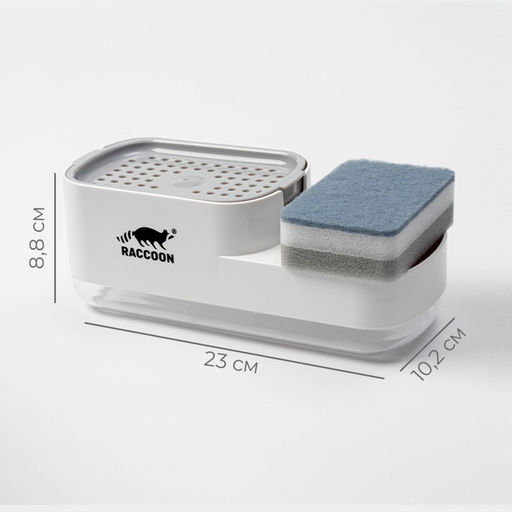 Дозатор для моющего средства с подставкой для губки Raccoon, 550 мл, губка в комплекте, белый