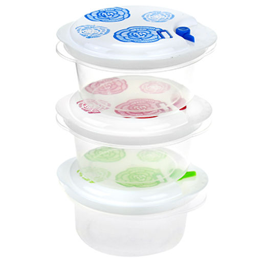 Контейнер пластмассовый Розы 0,35л - д11см h5,5см, набор 3шт, с пароотводом, для хранения в холодильнике, цвета микс (Китай)