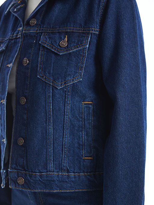 G?mlek Yaka D?z Uzun Kolu Kad?n Jean Ceket