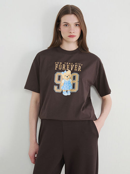 Bisiklet Yaka New York Bask?l? Kad?n Ti??rt