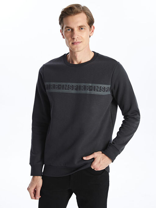 Bisiklet Yaka Bask?l? Erkek Kal?n Sweatshirt