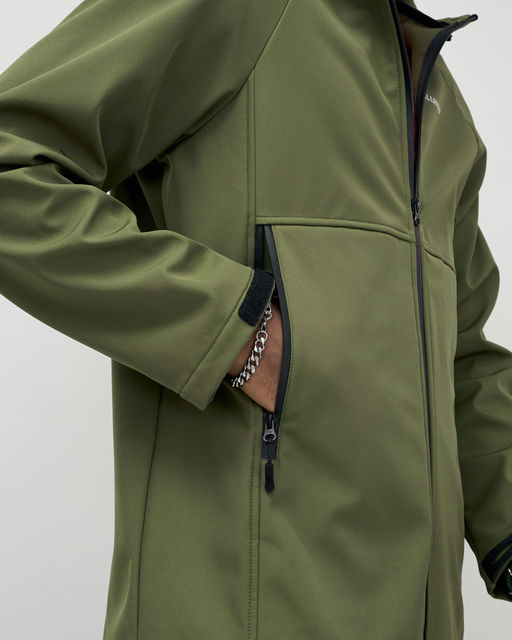 Ветровка спортивная мужская с капюшоном softshell цвета хаки 9563Kh