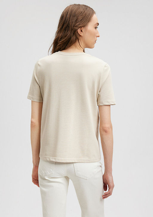 Bisiklet Yaka Bej Basic Tisort - Mavi фото 4
