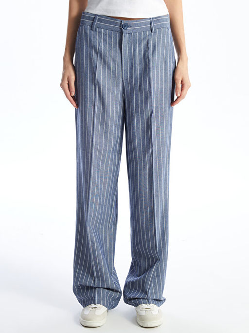 Standart Fit ?izgili Keten Kar???ml? Kad?n Pantolon - Waikiki фото 3