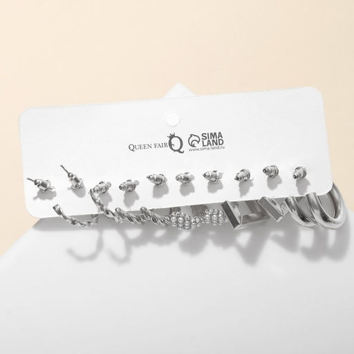 Серьги набор 5 пар Леди линии, цвет белый в серебре - Queen fair фото 2