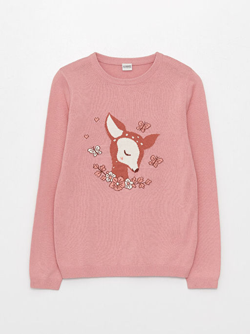 Bisiklet Yaka Desenli Uzun Kollu K?z ?ocuk Triko Kazak