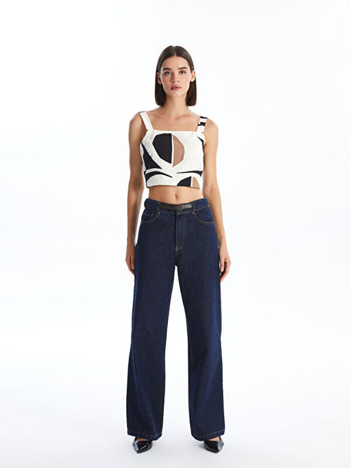 Beli Kemerli Wideleg Kad?n Jean Pantolon