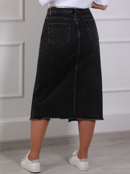 Юбка джинсовая с бахромой и разрезом спереди - Almond фото 5