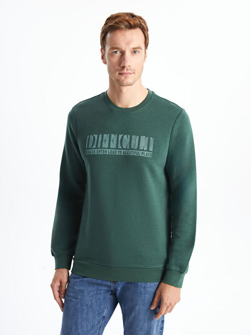 Bisiklet Yaka Bask?l? Erkek Kal?n Sweatshirt