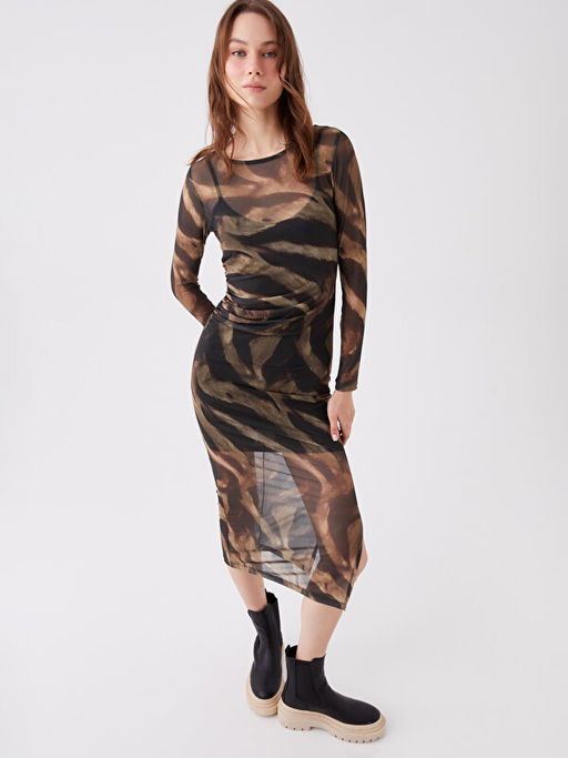 Bisiklet Yaka Desenli Uzun Kollu Elbise