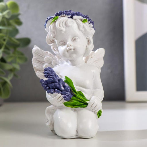 Фигурка полистоун Белоснежный ангел с лавандой, в венке из лаванды, 10.2?6.8?5.3 см, МИКС
