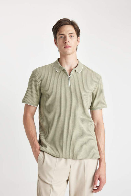 Футболка-поло с короткими рукавами и застежкой-молнией Slim Fit - Defacto фото 3