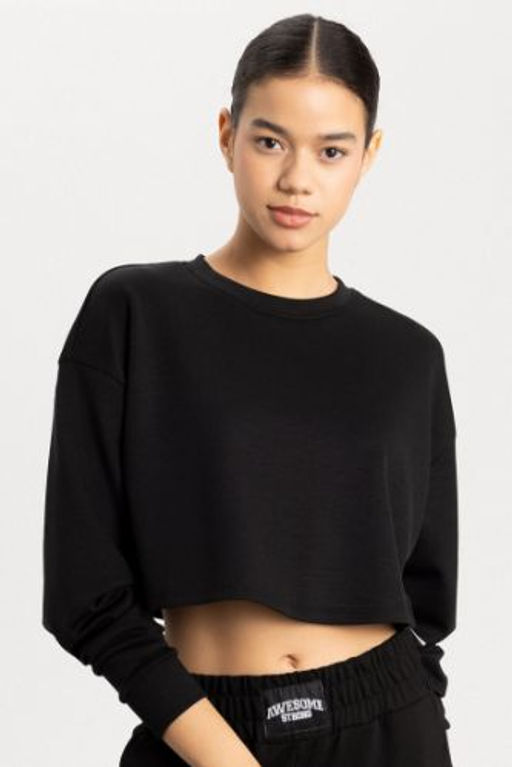 DeFactoFit Crop Bisiklet Yaka Crop Basic Duz Sporcu Sweatshirt