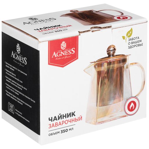 Чайник заварочный Agness 350 мл стеклянный с фильтром  фото 2