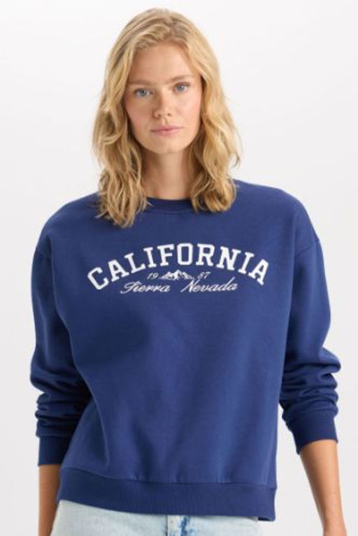Relax Fit Bisiklet Yaka Bask?l? Kal?n Sweatshirt