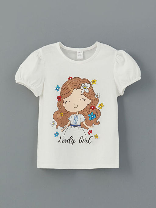 Bisiklet Yaka Bask?l? K?z ?ocuk Ti??rt