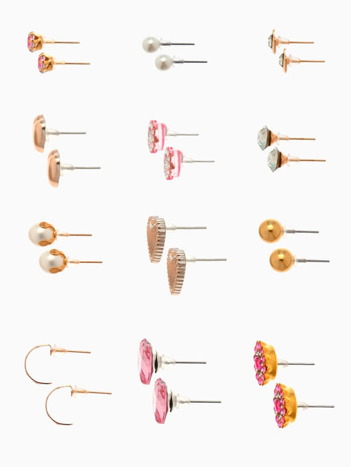 Цена за 2 шт. Серьги пусеты 12 пар «Фантазия» сердца, бело-розовый в золоте