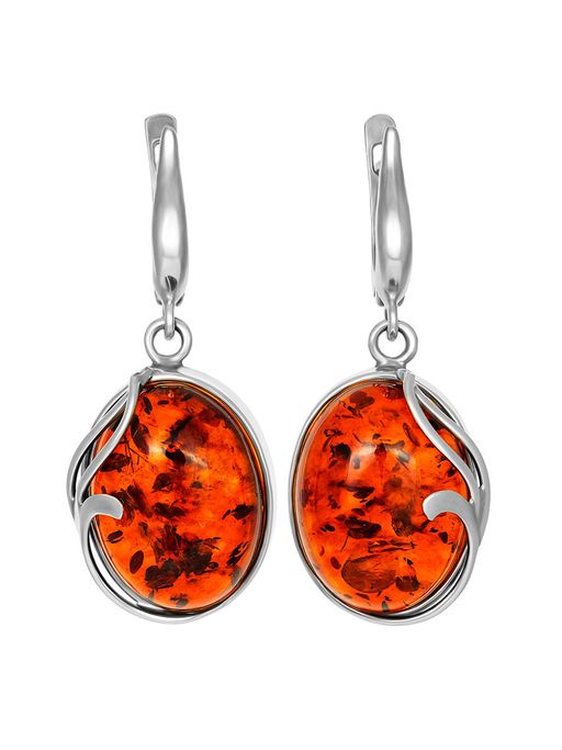 Небольшие серьги из серебра с натуральным искрящимся янтарем коньячного цвета Маньяна