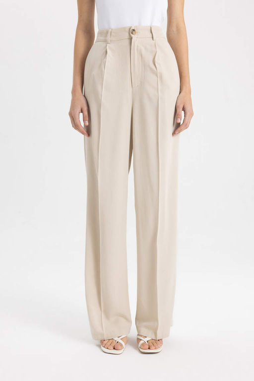 Широкие брюки с высокой талией и вытачками из смесового льна и широкими карманами на штанинах - Defacto фото 4