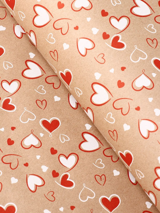 Бумага упаковочная крафт «Сердечки 2» красный/белый цвет на коричневом фоне 0.72×10±5% м, 60 г