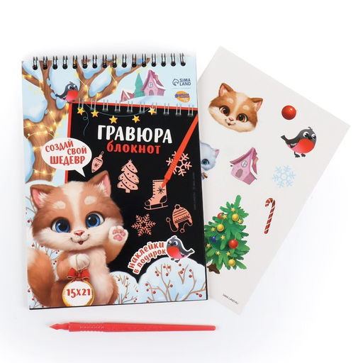 Блокнот-гравюра Новогодний котик, 10 листов + лист наклеек - Школа талантов фото 3