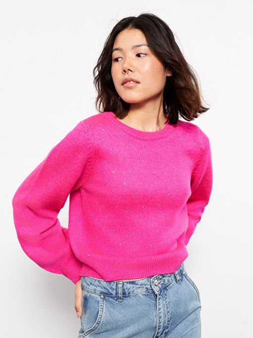 Bisiklet Yaka Pul Bask?l? Uzun Kollu Kad?n Triko Kazak