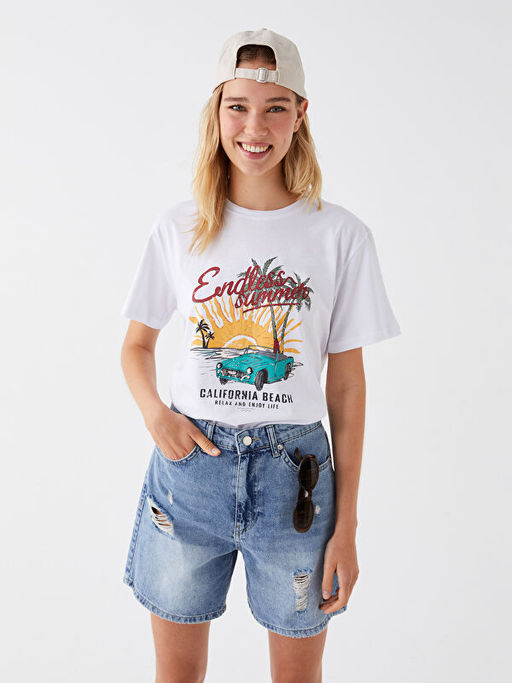 Bisiklet Yaka Bask?l? K?sa Kollu Kad?n Ti??rt