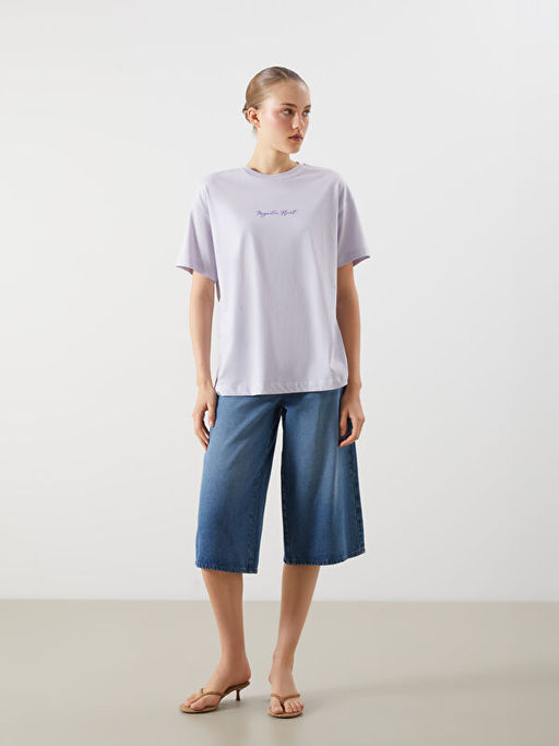 Bisiklet Yaka Bask?l? Oversize Kad?n Ti??rt