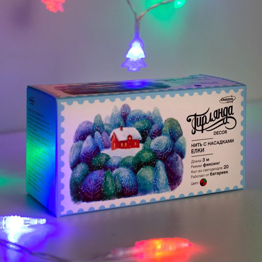 Гирлянда Нить 3 м с насадками Ёлки, IP20, прозрачная нить, 20 LED, батарейки AAх3 (нет в комплекте), свечение мульти - Luazon lighting фото 6