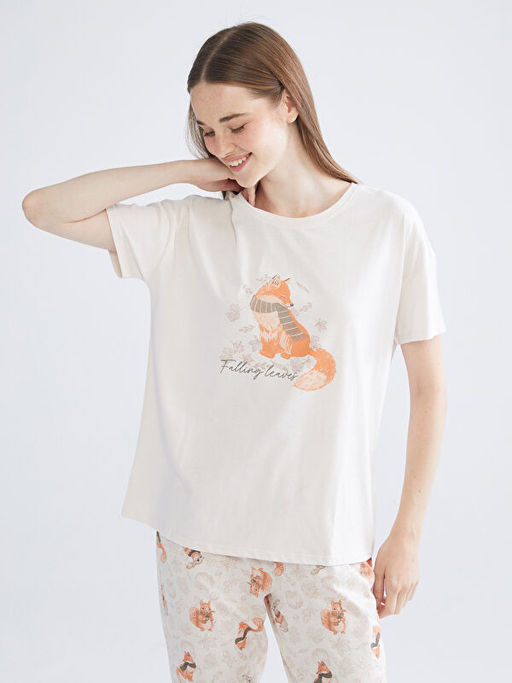 Bisiklet Yaka Bask?l? Kad?n Pijama Tak?m?