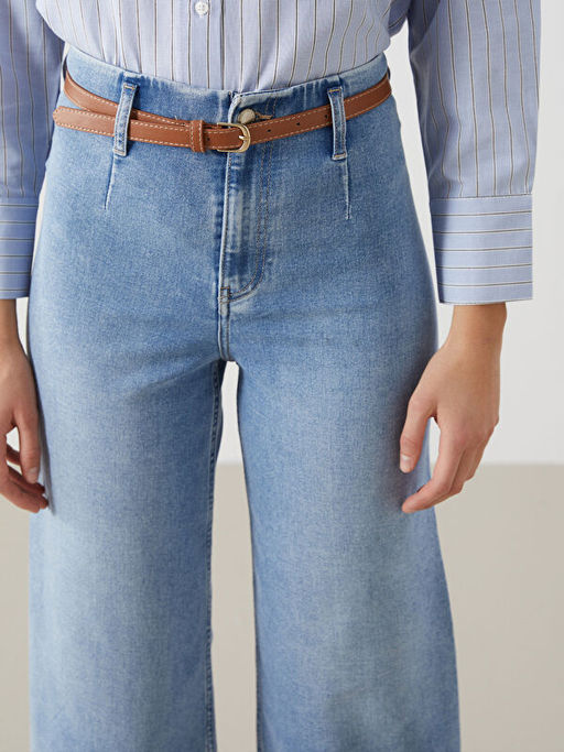 Beli Kemerli Wideleg Kad?n Jean Pantolon