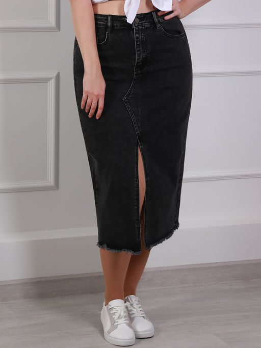 Юбка джинсовая с бахромой и разрезом спереди - Almond фото 4