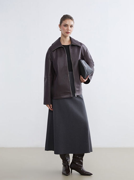 G?mlek Yaka Oversize Kad?n Deri G?r?n?ml? Ceket