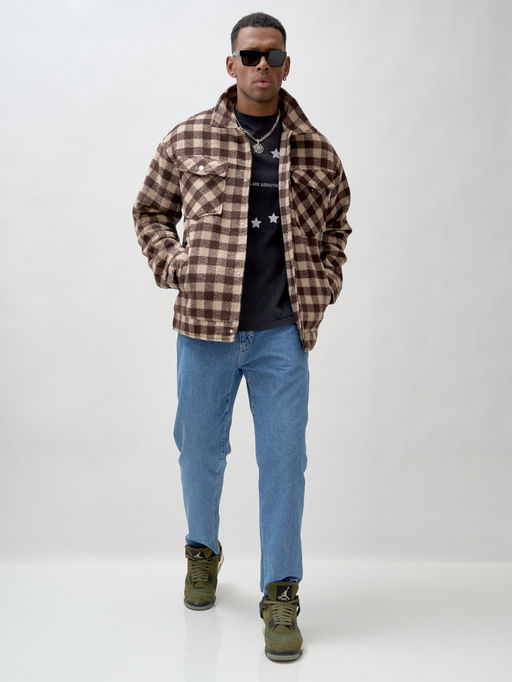 Куртка рубашка шерстяная в клетку мужская демисезонная коричневого цвета 58566K