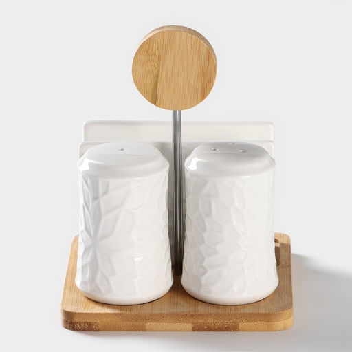 Набор фарфоровый для специй BellaTenero, 4 предмета: солонка, перечница, салфетница, подставка-держатель, белый  фото 3