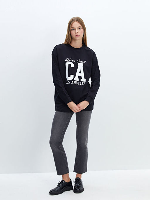Bisiklet Yaka Bask?l? Oversize Kad?n Sweatshirt Tunik