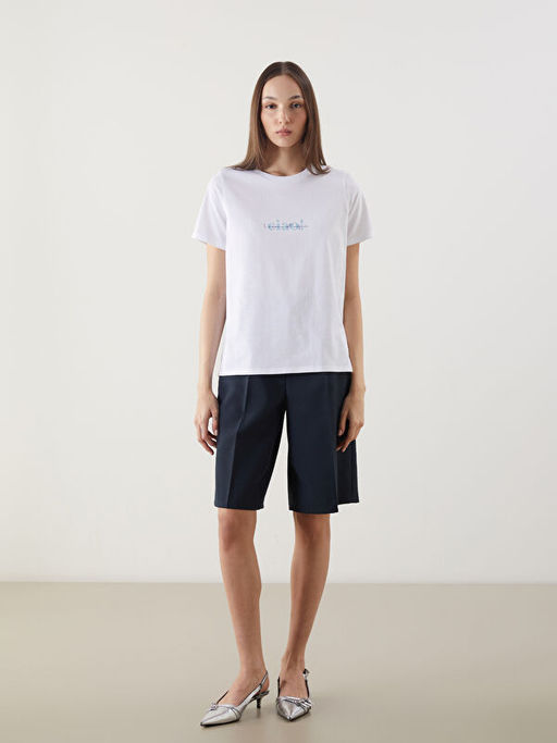 Bisiklet Yaka Bask?l? Penye Kad?n Ti??rt