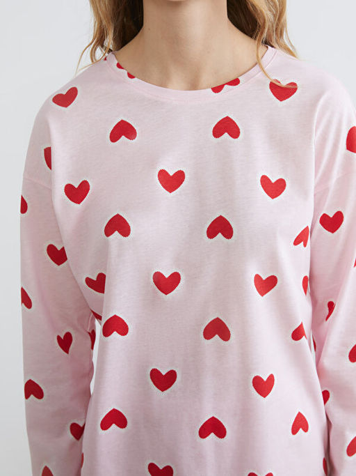 Bisiklet Yaka Kalp Bask?l? Kad?n Pijama Tak?m?