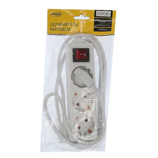 Удлинитель Luazon Lighting, 3 розетки, 1.8 м, 10 А, 2200 Вт, 3×1.5 мм2, с заземлением, с выключателем, белый