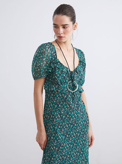 Kalp Yaka ?i?ekli Balon Kollu Elbise