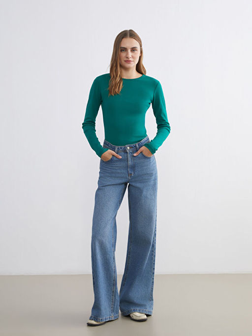 B?y?k Beden Bisiklet Yaka Fitilli Kad?n Ti??rt