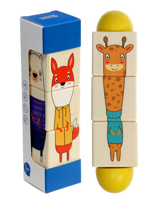 Кубики деревянные на оси  «Животные» , 3 кубика