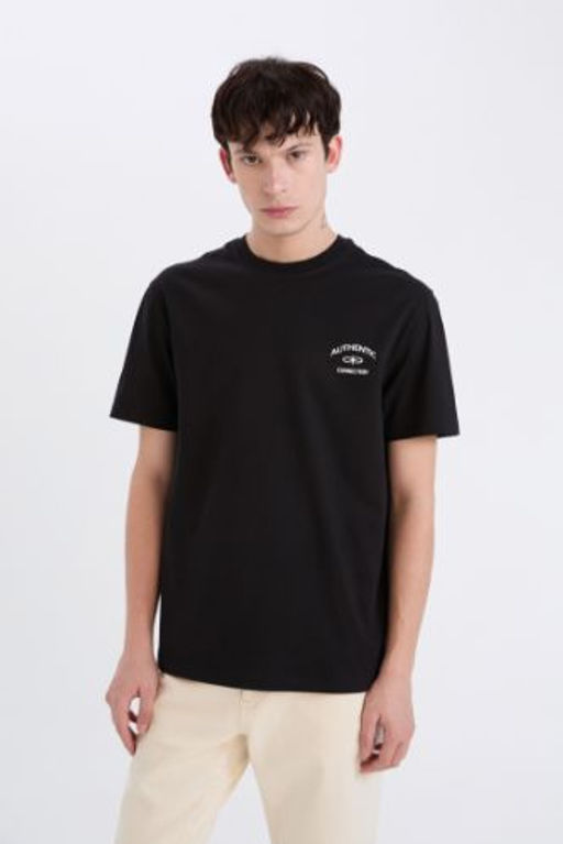 Regular Fit Bisiklet Yaka Bask?l? K?sa Kollu Tisort