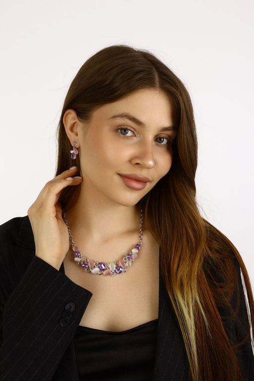 Набор 2 предмета: серьги, колье Листочки, цвет розовый в серебре, 40 см