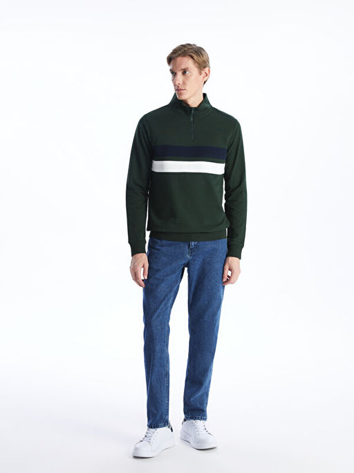 Dik Yaka Uzun Kollu Renk Bloklu Erkek Sweatshirt