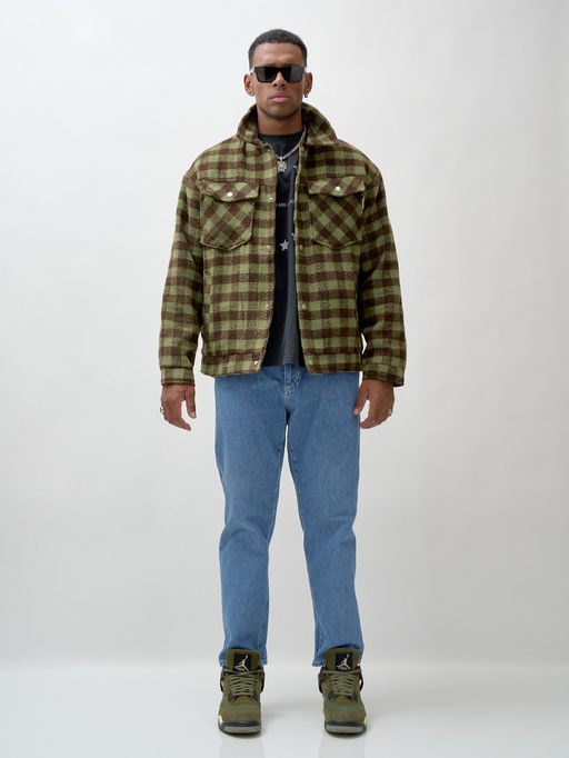 Куртка рубашка шерстяная в клетку мужская демисезонная зеленого цвета 58566Z